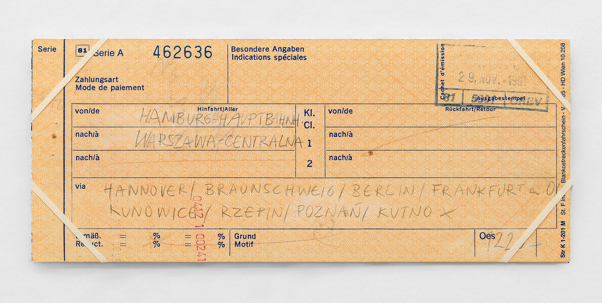 Ariane Müller, Illegal Travel Documents (Hamburg – Warszaw), 1990 - 1993pencil and eraser on print document8,3 x 20 cm